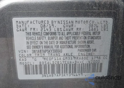 2019 Nissan Sentra Sv z USA, uszkodzony, nr VIN 3N1AB7AP5KY396649